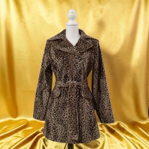 Calvin Klein Leopard Print Double-Breasted Trench - Brown/Tan SMALL FAUX FUR